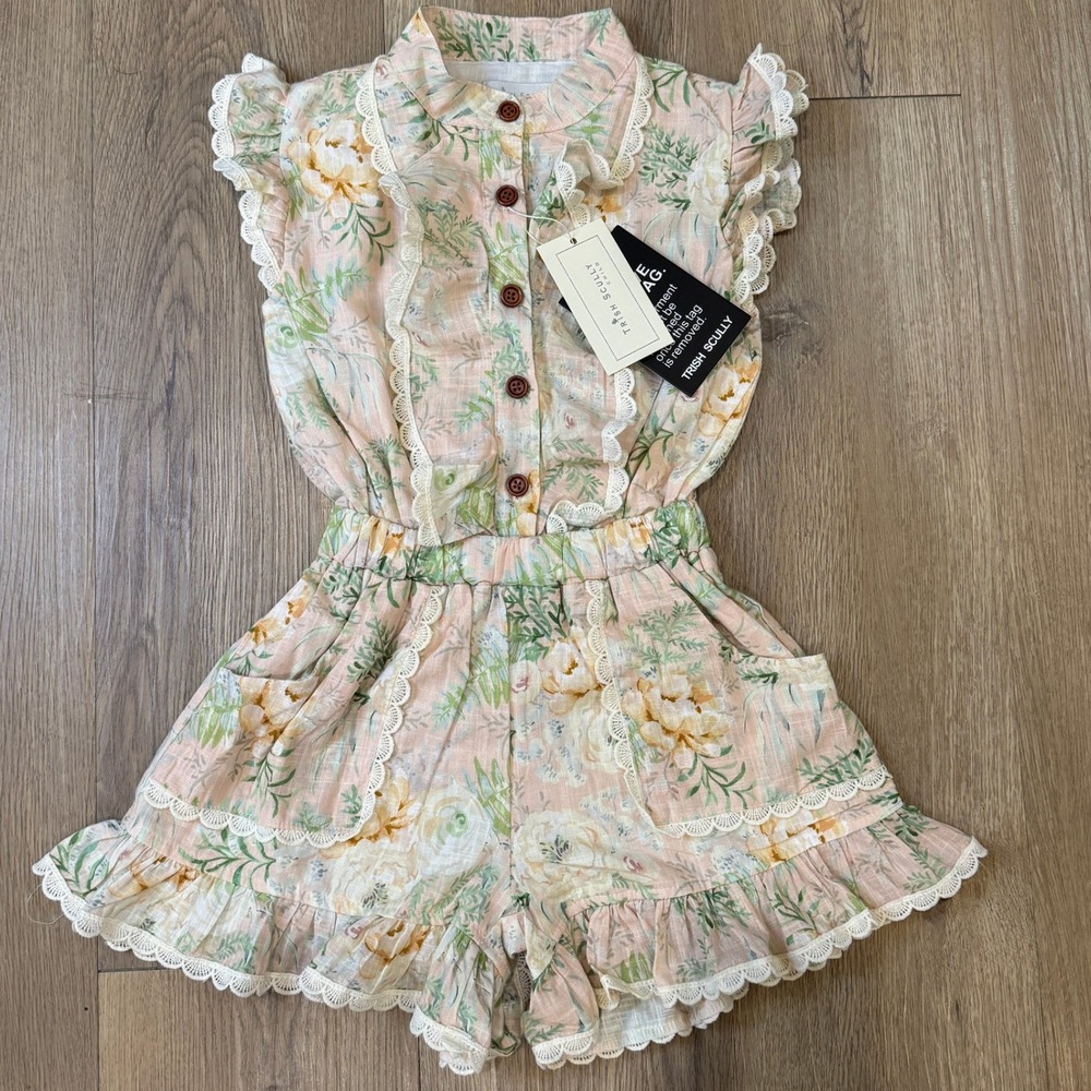 Trish Scully Child Floral Lace Ruffle Romper Peach Green Flower Size 5 NEW